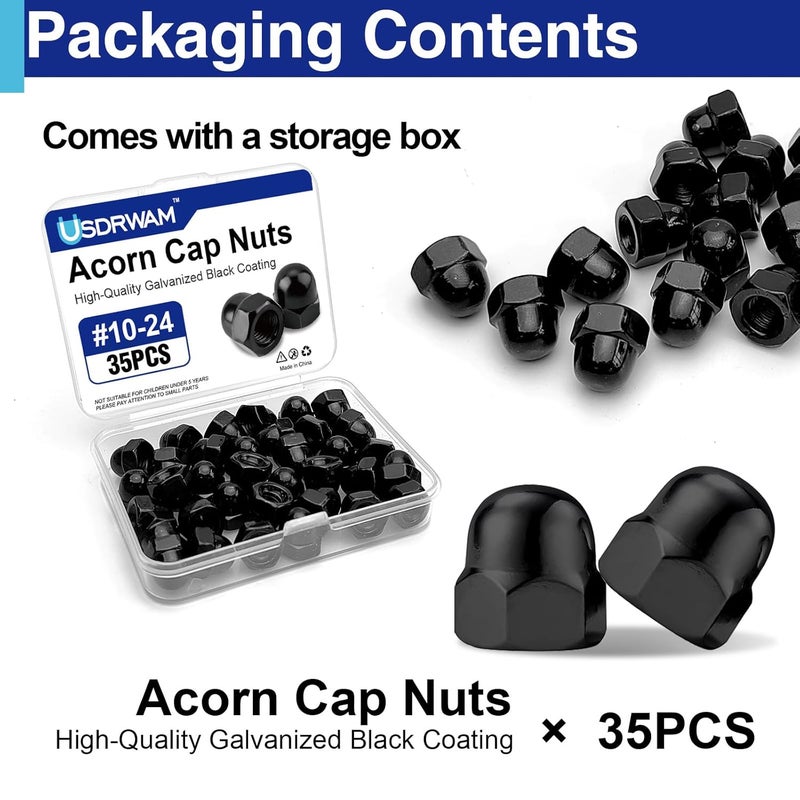 Usdrwam 35Pcs #10-24 Acorn Cap Nuts, Zinc Plating-Black Hex Head Acorn Cap Nuts, Stainless Steel 18-8 (304) Hexagon Dome for Indoor Outdoor - Image 3